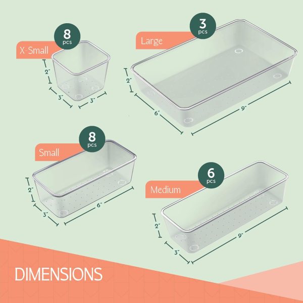 25 PCS Clear Plastic Drawer Organizers Set, 4 Sizes Clear Drawer Organizers & storage Bins for Makeup/Jewelry Vanity, Kitchen Gadgets Or Office Desk. Bathroom Drawer Organizer Trays With Non-Slip Pads - Image 2