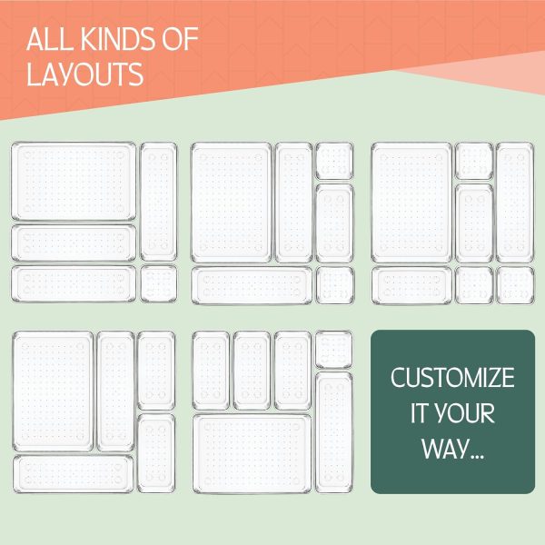 25 PCS Clear Plastic Drawer Organizers Set, 4 Sizes Clear Drawer Organizers & storage Bins for Makeup/Jewelry Vanity, Kitchen Gadgets Or Office Desk. Bathroom Drawer Organizer Trays With Non-Slip Pads - Image 7