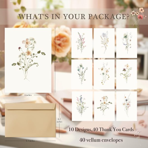 Blank Cards,Blank Greeting Cards 4x6,40Pack -Elegant Floral Design Blank Greeting Cards,Note Cards with Matching Peel-and-Seal Rustic Envelopes - Image 3