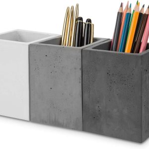 MyGift Modern Gray-Tone Concrete Desktop Pencil Holder Cup and Pen Holder, Office Stationery Organizer, Set of 3