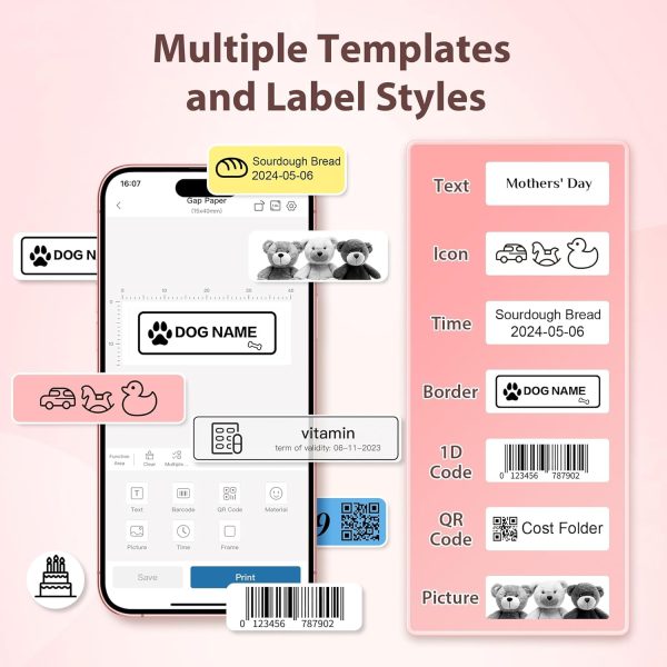 P21 Label Maker Machine with Tape, Bluetooth Label Printer Thermal Mini Label Makers with Built-in Cutter and Multiple Templates, Portable Printers for School, Office, Home Use (Pink) - Image 5