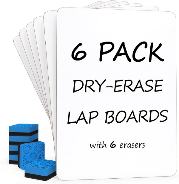 Scribbledo 6 Pack Small White Board Dry Erase Classroom Pack Boards 9"x12” Personal Whiteboards for Students Teachers School Supplies Lapboards l 6 Mini Whiteboard Erasers Included