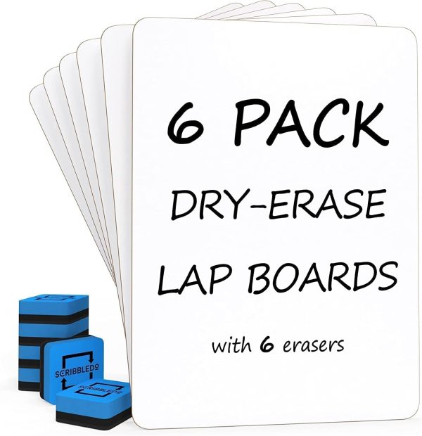 Scribbledo 6 Pack Small White Board Dry Erase Classroom Pack Boards 9"x12” Personal Whiteboards for Students Teachers School Supplies Lapboards l 6 Mini Whiteboard Erasers Included - Image 9