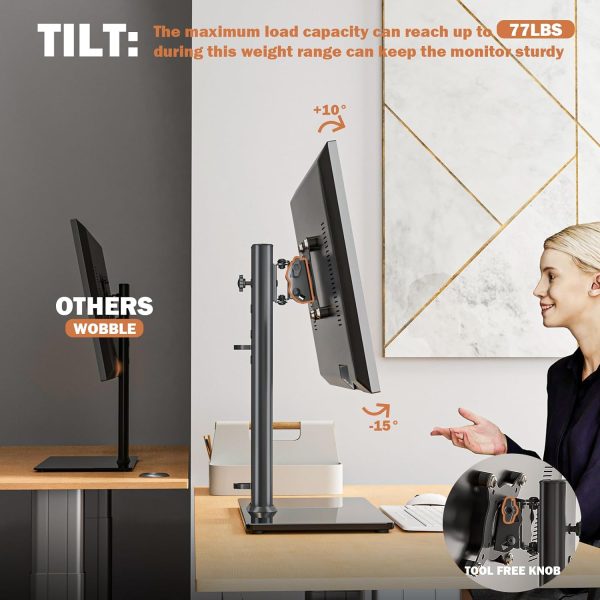 Single LCD Computer Monitor Free-Standing Desk Stand Mount Riser for 13 inch to 32 inch screen with Swivel, Height Adjustable, Rotation, Vesa Base Stand Holds One (1) Screen up to 77Lbs(HT05B-001)) - Image 4