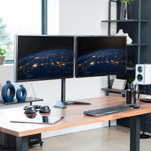 VIVO STAND-V002F Dual LED LCD Monitor Free-Standing Desk Stand for 2 Screens up to 27 Inch Heavy-Duty Fully Adjustable Arms with Max VESA 100x100mm - Image 2