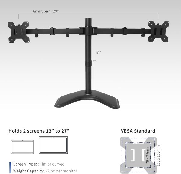 VIVO STAND-V002F Dual LED LCD Monitor Free-Standing Desk Stand for 2 Screens up to 27 Inch Heavy-Duty Fully Adjustable Arms with Max VESA 100x100mm - Image 3