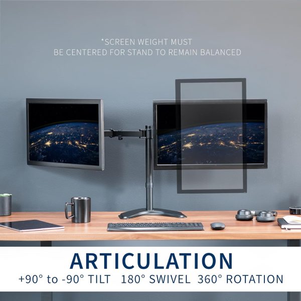 VIVO STAND-V002F Dual LED LCD Monitor Free-Standing Desk Stand for 2 Screens up to 27 Inch Heavy-Duty Fully Adjustable Arms with Max VESA 100x100mm - Image 4