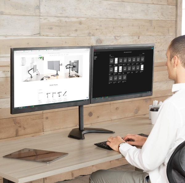 VIVO STAND-V002F Dual LED LCD Monitor Free-Standing Desk Stand for 2 Screens up to 27 Inch Heavy-Duty Fully Adjustable Arms with Max VESA 100x100mm - Image 6
