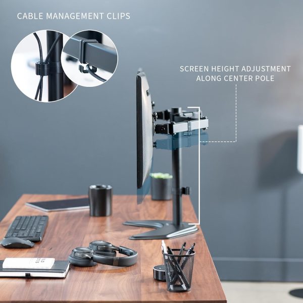 VIVO STAND-V002F Dual LED LCD Monitor Free-Standing Desk Stand for 2 Screens up to 27 Inch Heavy-Duty Fully Adjustable Arms with Max VESA 100x100mm - Image 7