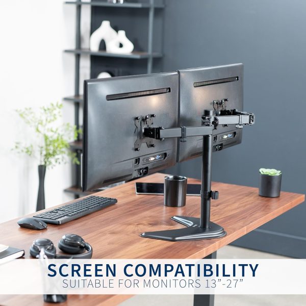 VIVO STAND-V002F Dual LED LCD Monitor Free-Standing Desk Stand for 2 Screens up to 27 Inch Heavy-Duty Fully Adjustable Arms with Max VESA 100x100mm - Image 8