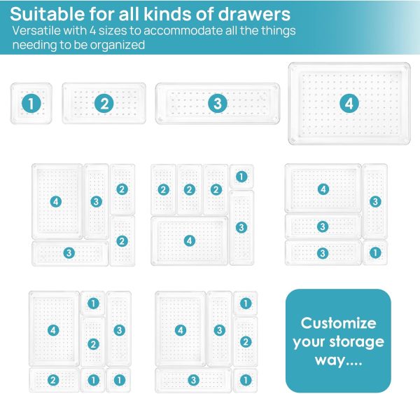 Vtopmart 25 PCS Clear Plastic Drawer Organizers Set, 4-Size Versatile Bathroom and Vanity Drawer Organizer Trays, Storage Bins for Makeup, Bedroom, Kitchen Gadgets Utensils and Office - Image 7